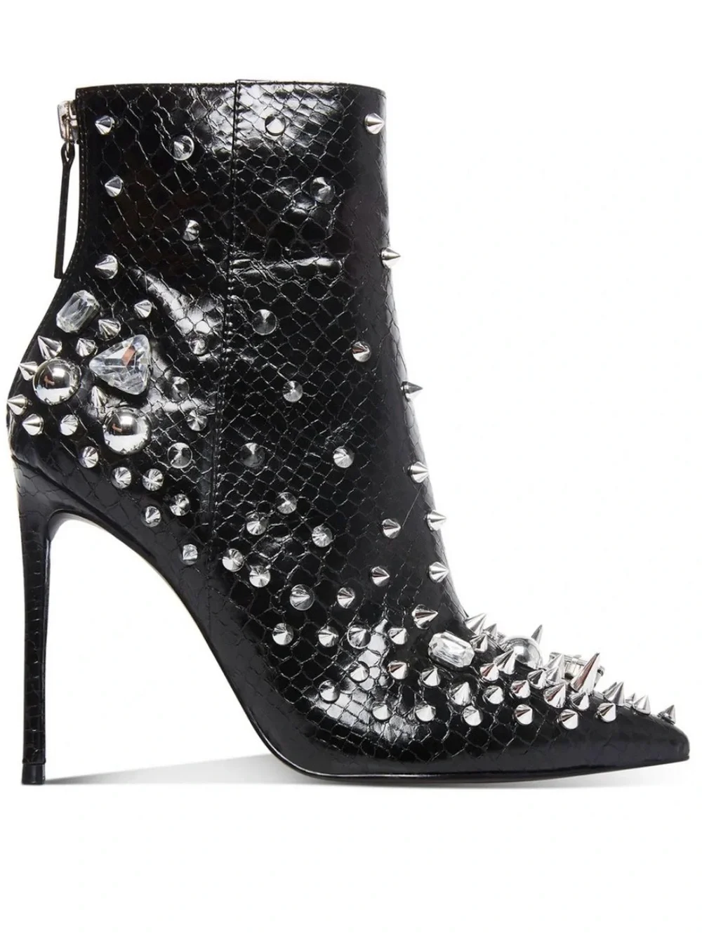 Black Studded crystal Pointed-Toe Stiletto Ankle Boots